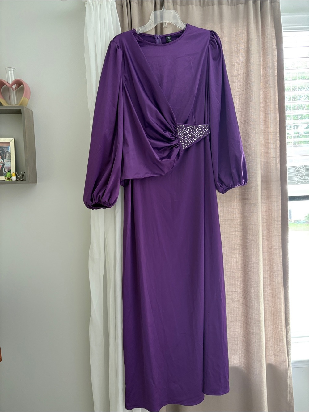 Purple Long Sleeve Maxi Dress with Rhinestone Accent at Waist Size 1XL